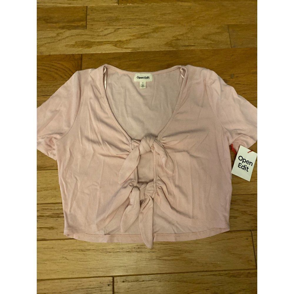 NWT Open Edit, pink cut out tied front cropped short sleeve shirt size small